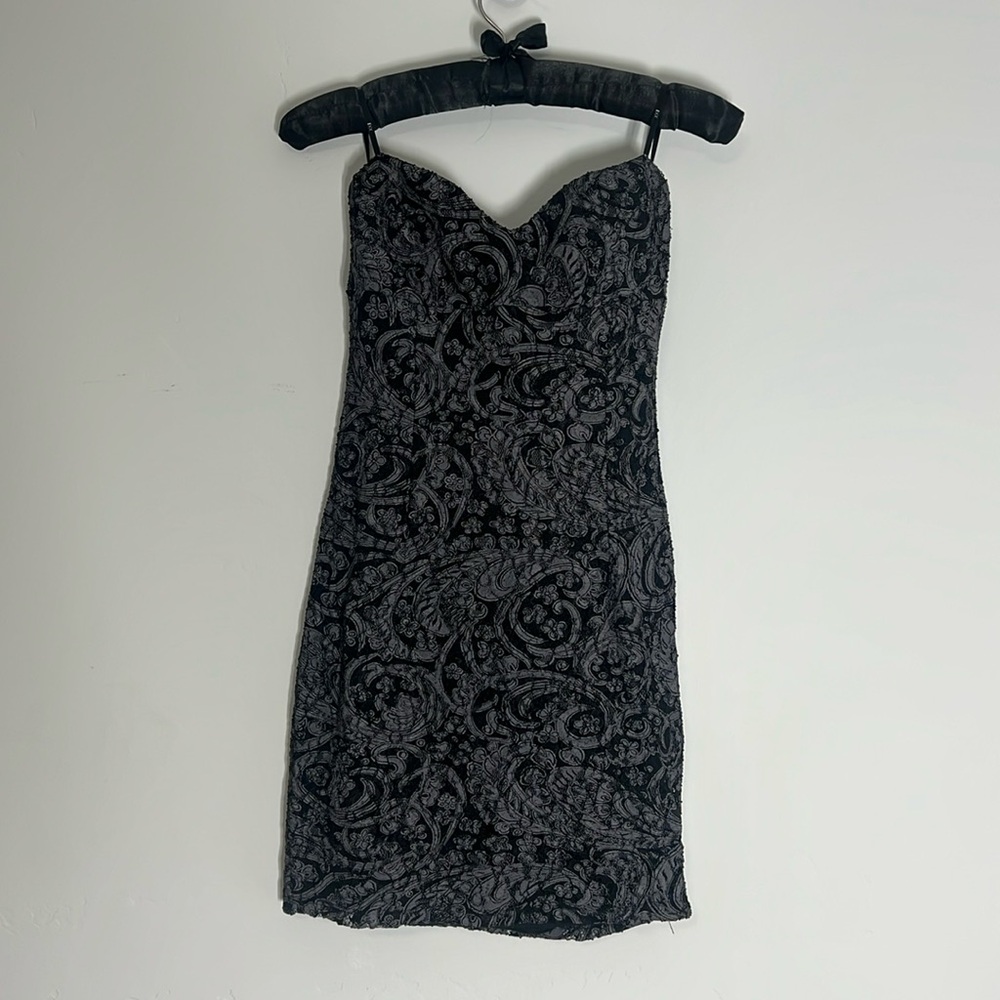2000s Y2K Vintage Mini Party Dress | Black & Gray Lace | Fitted